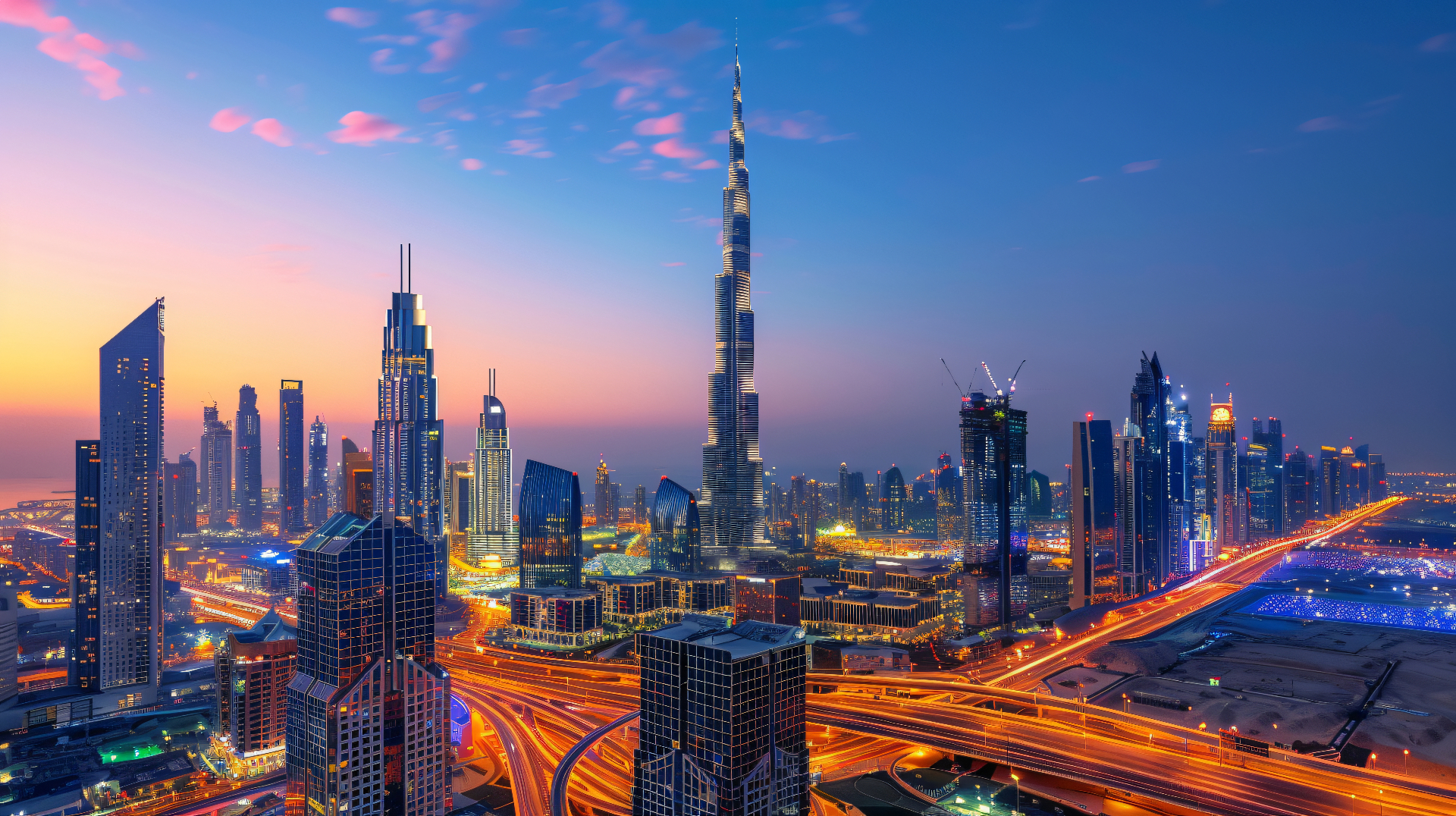 Dubai downtown at dusk with Sheikh Zayed Road